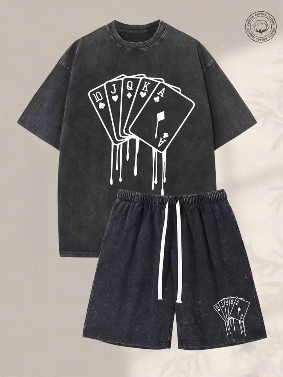 Wash Effect Set - Mens Washed Cotton T-Shirt And Shorts